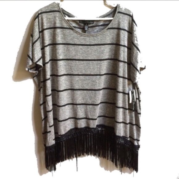 Sweaters - NEW Gray & Black Stripe Fringe Poncho Top